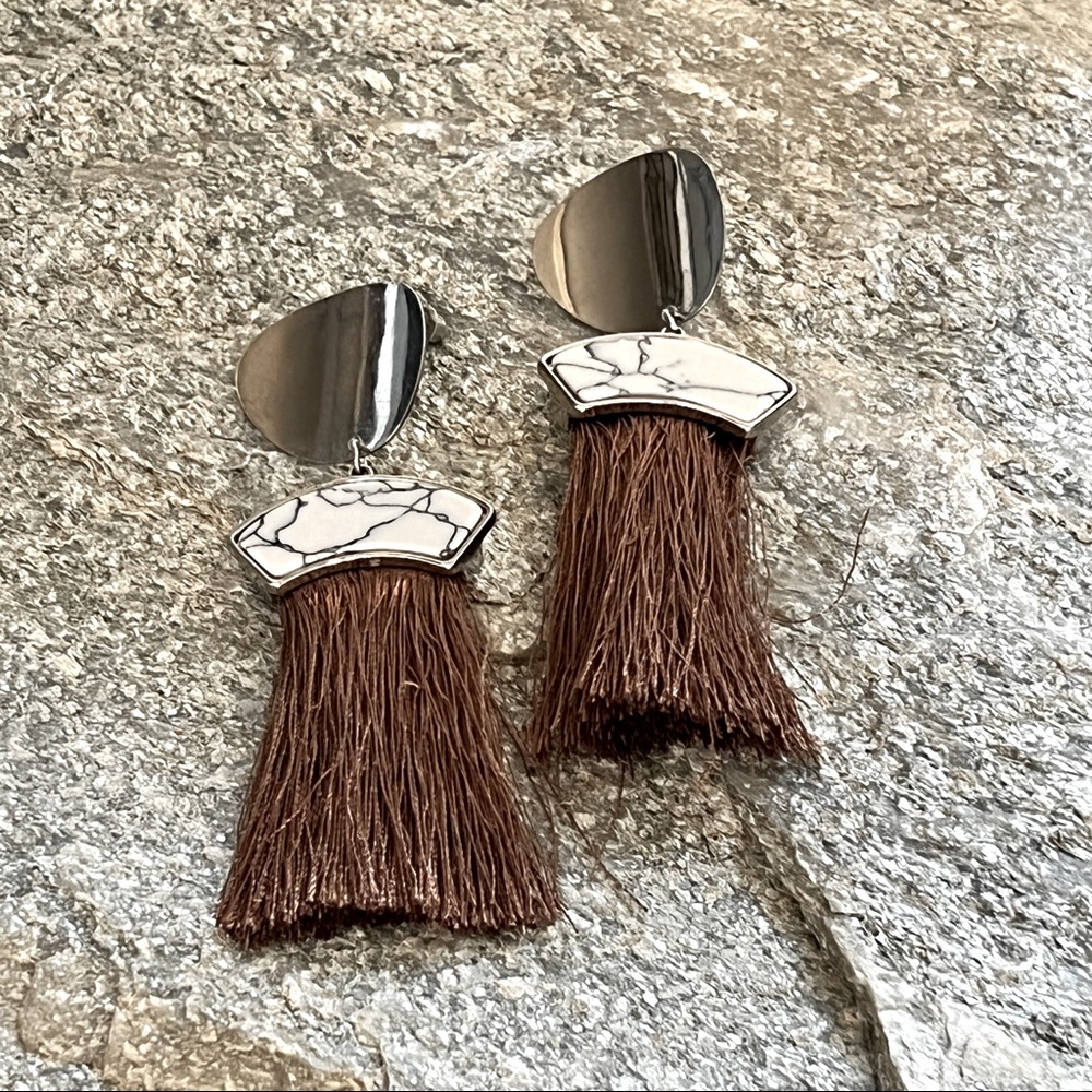 Boho Tassel Earrings, Tribal Silver, Faux Stone